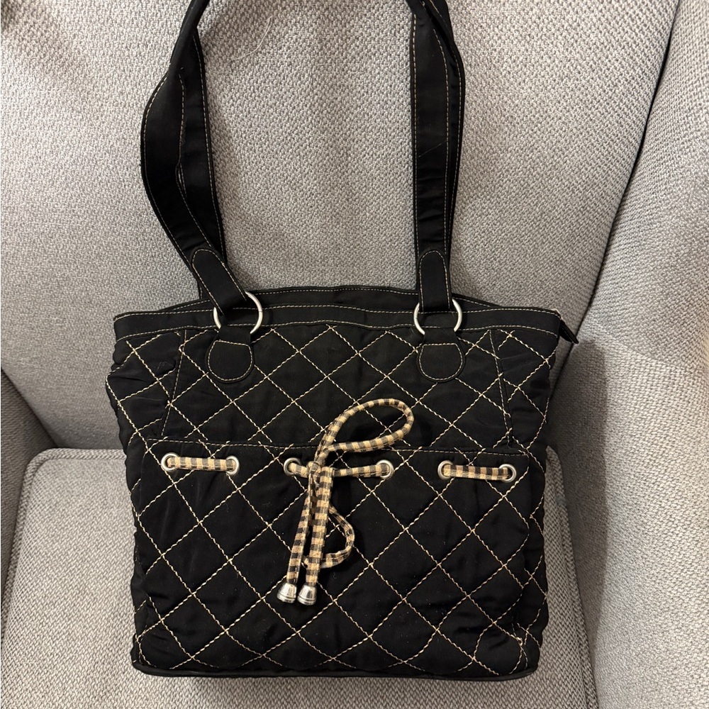 Longaberger Homestead fabric shoulder bag in black with tan stitching